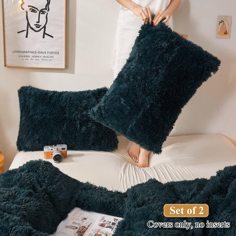 XeGe Faux Fur Throw Pillow Cases, Plush Shaggy Ultra Soft Pillow Covers, Fluffy Crystal Velvet Decorative Pillowcases, Furry Fuzzy Pillow Shams Zipper Closure, Set of 2 (Standard, Dark Green) - Image 2